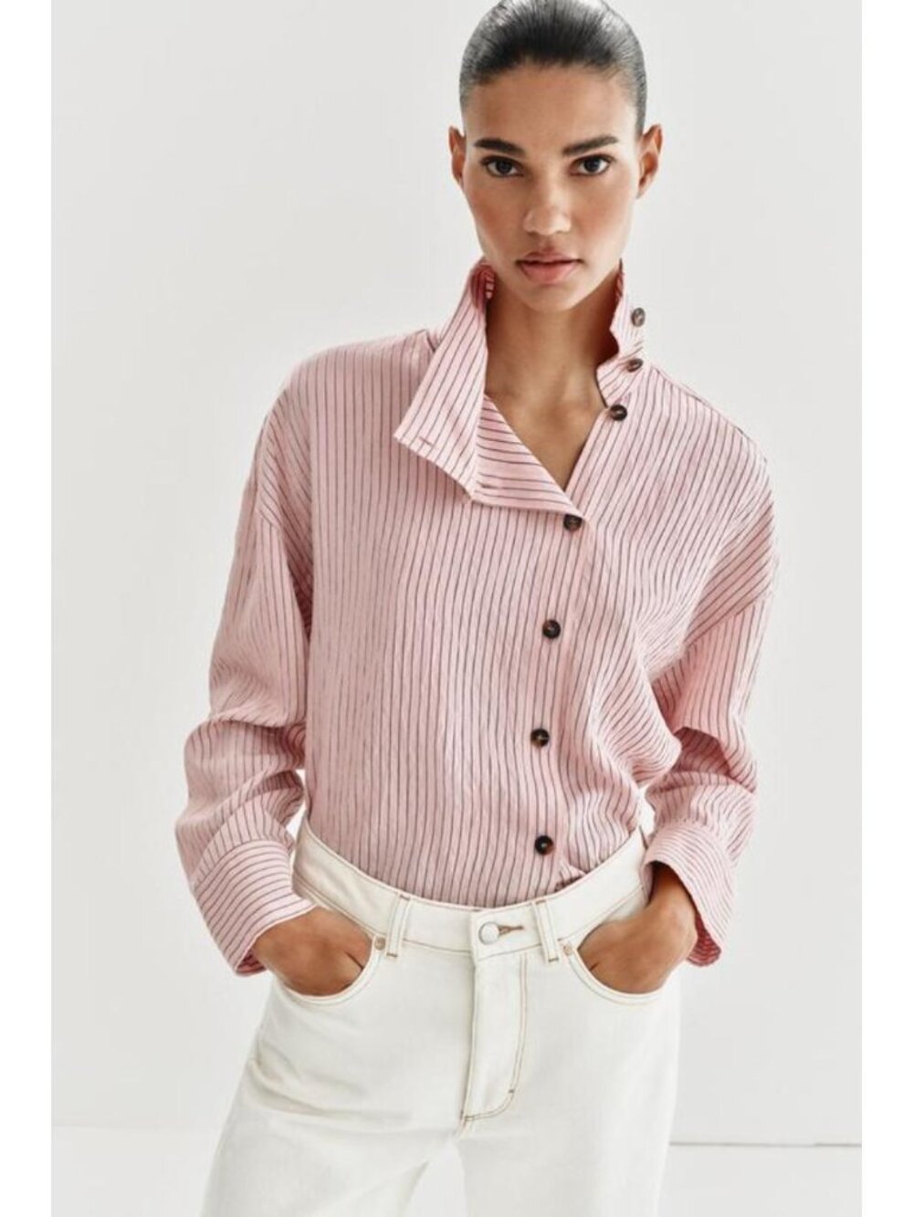 ZARA STRIPED HIGH NECK SHIRT - Picture 4 of 9